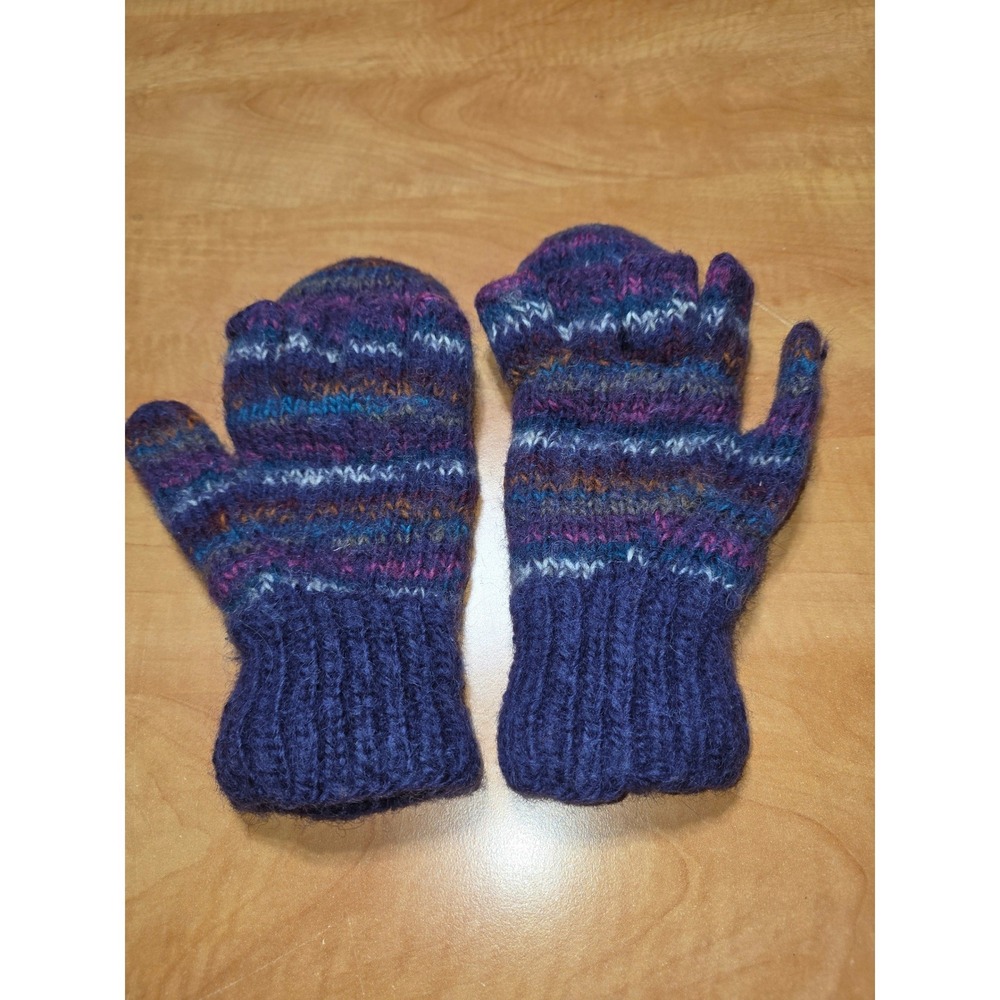 KTS Handmade in Nepal 100% Wool Fleece Lined Mittens Purple Striped Knit Boho